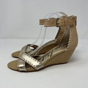 Sam Edelman Silvia Beige Gold Leather Zipper Back Wedge Sandals Size 8.5M NEW